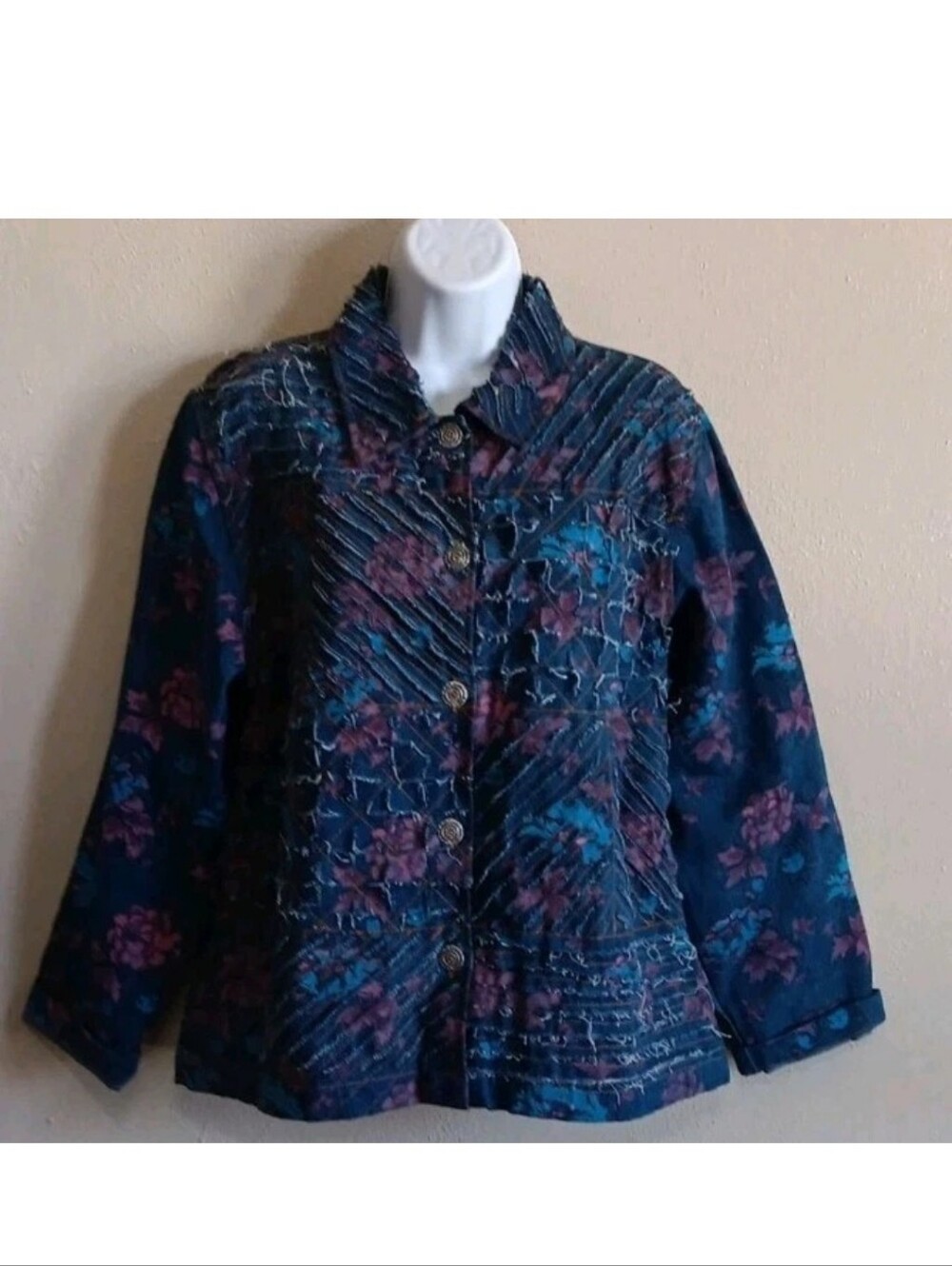 Distressed Denim Floral Shirt Jacket, Blue With Flowers, Tantrums Medium